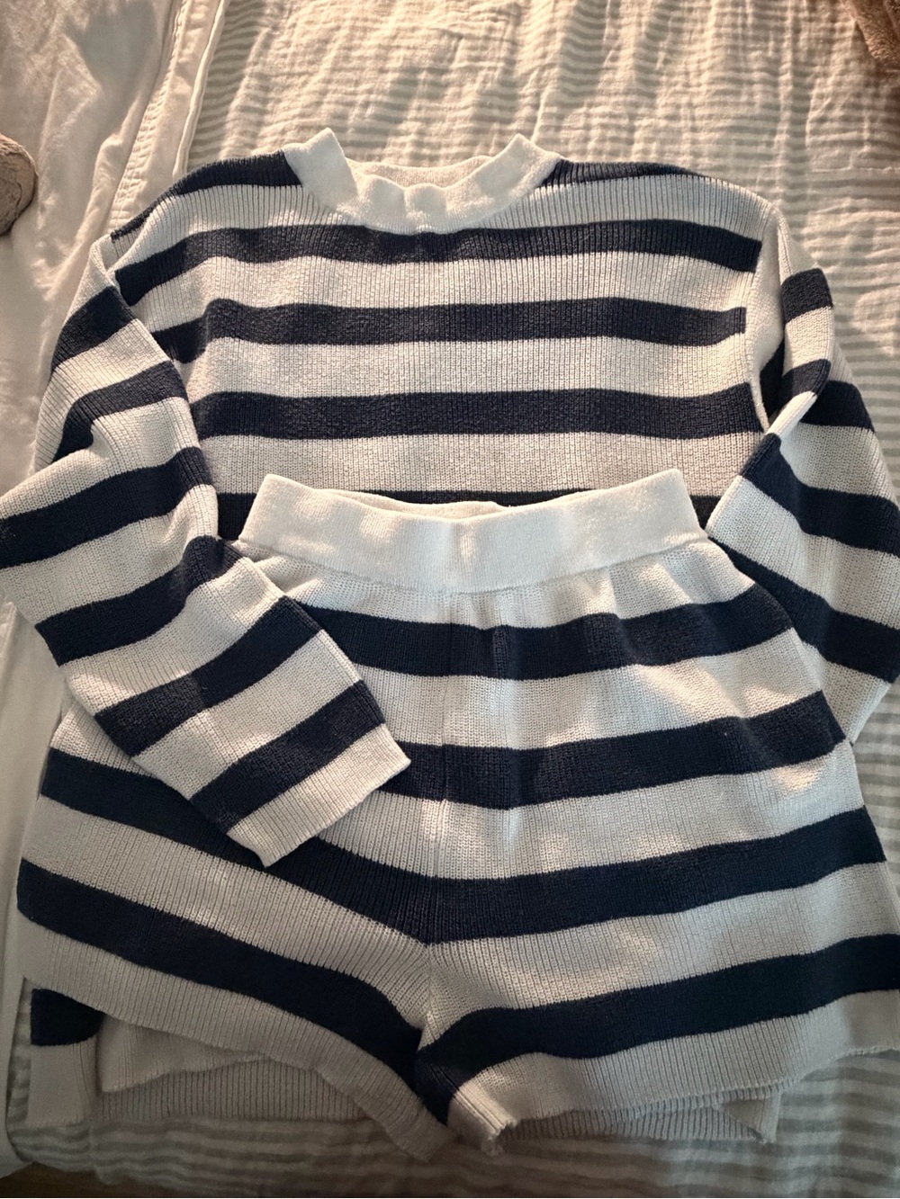 Free People Inspired  Navy and White Striped Knit Crew Sweater & Shorts Set